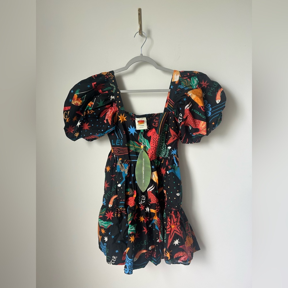 Farm Rio Zodiac Cotton Puff Sleeve Mini Dress